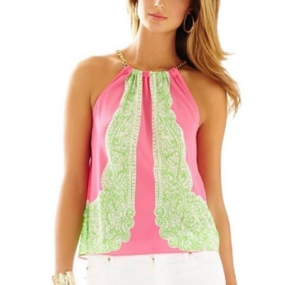 Lilly Pulitzer Riveira Silk Pink Green Halter Tank Gold Tone Chain WOMENS MEDIUM